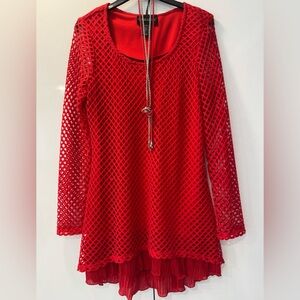 Frank Lyman Designs Red Tunic Top with net overlay, and ruffle at the bottom hem
